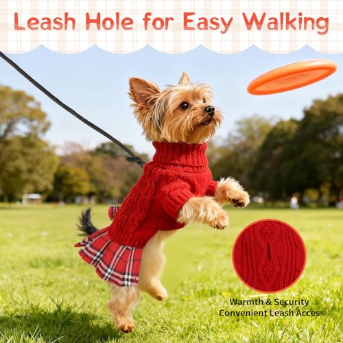 Girl Dog Sweater Dress with Plaid Skirt Turtleneck Pullover Sweaters Warm Knitted Dog Clothes for Birthday New Year Thanksgiving Photo (Red, L) - color: Red, size: Large (15-22lbs)