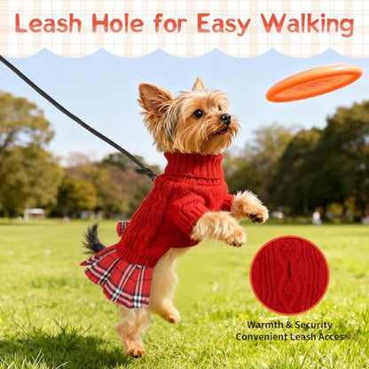 Girl Dog Sweater Dress with Plaid Skirt Turtleneck Pullover Sweaters Warm Knitted Dog Clothes for Birthday New Year Thanksgiving Photo (Red, L) - color: Red, size: Large (15-22lbs)