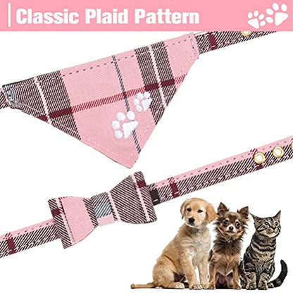 EXPAWLORER Puppy Collar and Leash Set - Plaid Dog Collar and Leash with Bow Tie and Bandana, Bell, XS Pink - color: Pink, size: X-Small