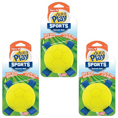 Hartz Dura Play Sports Soccer Dog Toy, Bacon Scented Squeaky Latex Yellow & Blue Toy, 3 Count - size: 3 Count, style: Soccer Ball