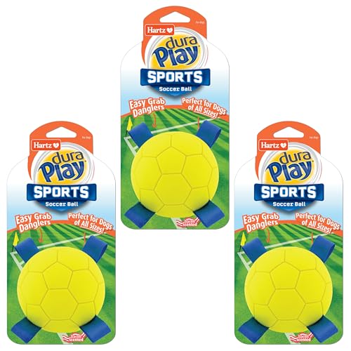 Hartz Dura Play Sports Soccer Dog Toy, Bacon Scented Squeaky Latex Yellow & Blue Toy, 3 Count - size: 3 Count, style: Soccer Ball