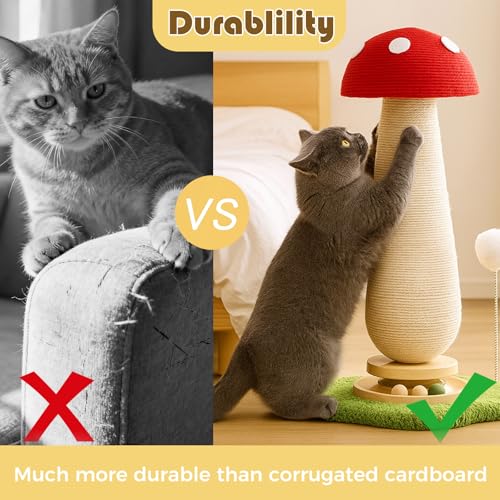 Mushroom Cat Scratcher Tower, Interactive Ball Track Spring Ball Cat Scratching Post, Sisal Kitty Activity Center for Indoor Cats & Kittens, Sturdy Wide Base 25.2 Inch - Red