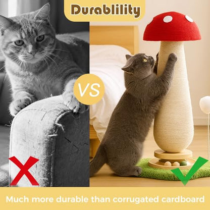 Mushroom Cat Scratcher Tower, Interactive Ball Track Spring Ball Cat Scratching Post, Sisal Kitty Activity Center for Indoor Cats & Kittens, Sturdy Wide Base 25.2 Inch - Red