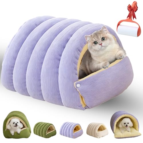 Removable and Washable Winter Closed-Off Cat Bed, Soft Cotton Cozy Cat Cave House, Foldable Warm Plush Pet Nest, Comfortable Secure Snuggle Hut for Indoor Cats (Purple, 16.5Ibs cat, 11 lbs Dog) - color: Purple, size: 16.5Ibs cat, 11 lbs dog
