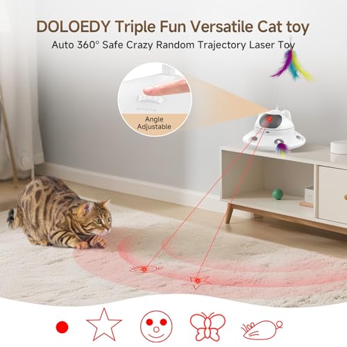 Cat Laser Toy, Automatic 3in1 Interactive Laser Pointer Toy for Indoor Cats, 5 Adjustable Red Lazer Light Pattern, Smart Sensor Auto Cat Feather Wand Kitten Toy, Keep Busy Chase Play, USB Rechargeable