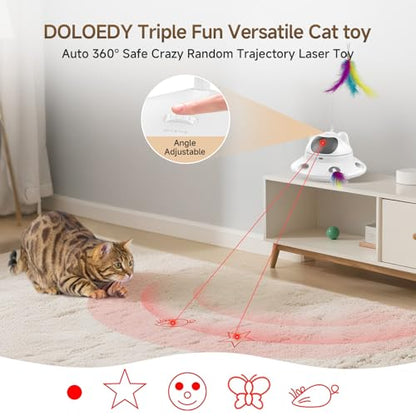 Cat Laser Toy, Automatic 3in1 Interactive Laser Pointer Toy for Indoor Cats, 5 Adjustable Red Lazer Light Pattern, Smart Sensor Auto Cat Feather Wand Kitten Toy, Keep Busy Chase Play, USB Rechargeable
