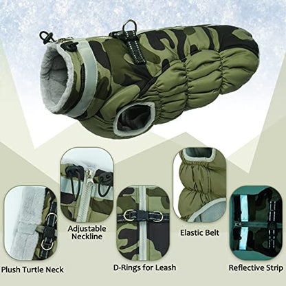 Lelepet Dog Coat Warm Dog Winter Coat Waterproof Dogs Jacket with Harness Built in Reflective Pet Fleece Vest Zip-Up Cold Weather Coats for Dogs Turtleneck & Windproof Coats Chihuahua Green Camo XS - color: Camo, size: X-Small