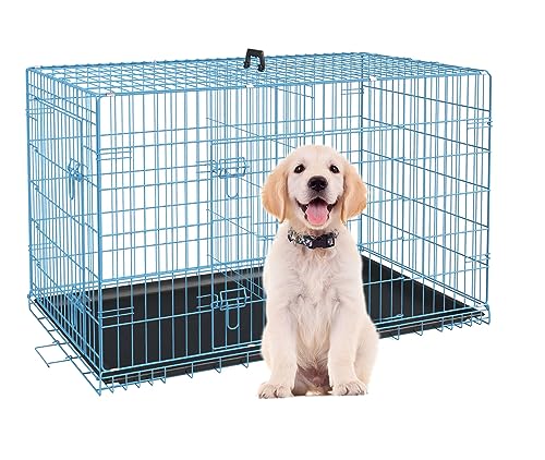 24 Inch Small Dog Crate, Heavy Duty Dog Crates for Small Dogs, Metal Wire Folding Dog Cage with Removable Trays, Locks, Double-Door, Divider Panel, Handle, Puppy Crate Pet Crate (24 in, Blue) - color: Blue, size: 24.0"L x 18.0"W x 19.0"H
