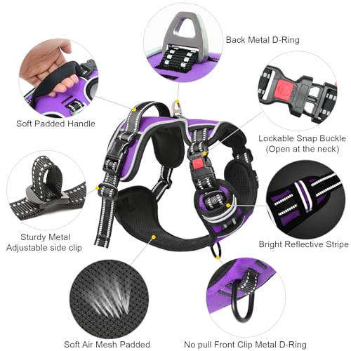 Dog Harness Small Sized, No Pull with Neck Lockable Snap,No Choke Front Clip Dog Reflective Harness,Adjustable Metal Rings 3 Buckles,Easy Control Handle for Small Dogs Purple S - color: Lock Purple, size: Small (Pack of 1)