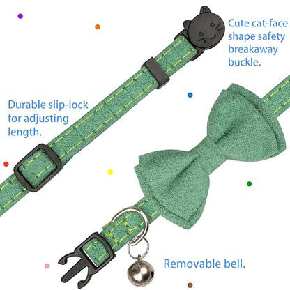 Cat Collar with Bow Tie Bell Breakaway Kitten Small Pet Safety Solid Wedding Basic Pure Color Suede Soft Adjustable [1pc] Green - color: [1pc] Green