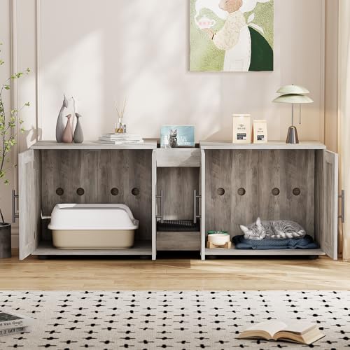 Garvee Cat Litter Box Enclosure for 2 Cats, 55" Hiddden Litter Box Enclosure Furniture 3-in-1 Wooden Litter Cabinet with Barn Door & Double Rooms for Bedroom Living Room, Gray - color: Gray