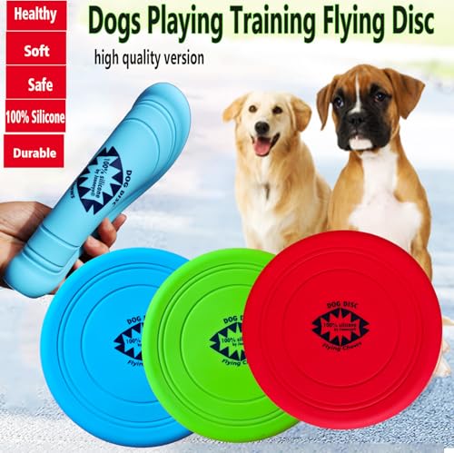 100% Silicone Flying Disc for Dog Training Soft Safe 7 Inches 3 Pack Durable in Green Blue, Red Color