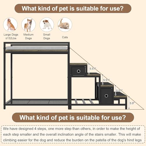 Saudism Pet Bunk Bed with Removable Stairs and 2 Drawers, Dogs/Cats Window Perch, Dog Window Seat with Soft Cushion, Ultra-Shallow Steps, Sturdy Metal Frame, Non-Slip, Load Capacity 60 LBS - color: Grey