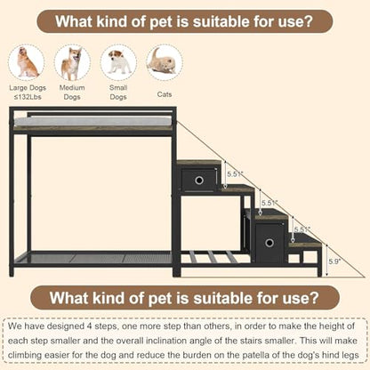 Saudism Pet Bunk Bed with Removable Stairs and 2 Drawers, Dogs/Cats Window Perch, Dog Window Seat with Soft Cushion, Ultra-Shallow Steps, Sturdy Metal Frame, Non-Slip, Load Capacity 60 LBS - color: Grey