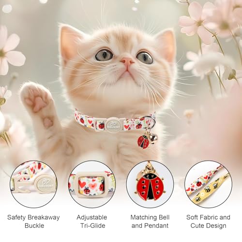 2 Pack Cute Cat Collars - Cartoon Bee Ladybug Breakaway Cat Collar with Bell & Matching Pendant, Adjustable Spring Summer Kitten Collars for Boy Girl Cats - color: Bee&Ladybug