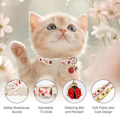 2 Pack Cute Cat Collars - Cartoon Bee Ladybug Breakaway Cat Collar with Bell & Matching Pendant, Adjustable Spring Summer Kitten Collars for Boy Girl Cats - color: Bee&Ladybug