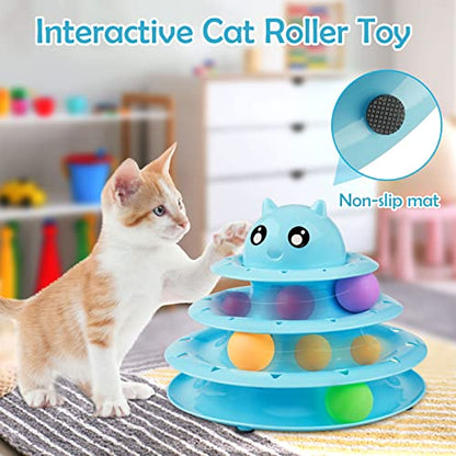 UPSKY 20 PCS Cat Toys - 3-Level Turntable Roller with Balls for Indoor Cats, Kitten Set with Teaser, Mice, Spring, and Various Ball Toys - color: B-20PCS-Blue