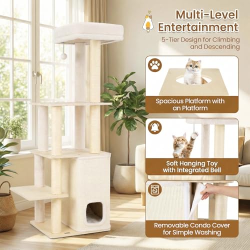 Tangkula Tall Cat Tree, 63 Inch Multi-Level Wood Cat Tower with Sisal Scratching Posts & Mat, 2-Story Condo, Plush Padded Top Perch, Dangling Ball, Modern Cat Tree Tower for Indoor Cats Large Adult - size: 63 Inch