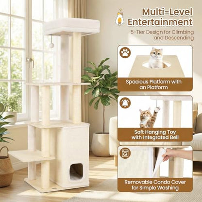 Tangkula Tall Cat Tree, 63 Inch Multi-Level Wood Cat Tower with Sisal Scratching Posts & Mat, 2-Story Condo, Plush Padded Top Perch, Dangling Ball, Modern Cat Tree Tower for Indoor Cats Large Adult - size: 63 Inch