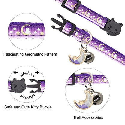 2 Pack Breakaway Cat Collar with Bells,Adjustable Moon and Star Kitten Safety Collars for Boys & Girls,Black+Purple - color: Black+Purple