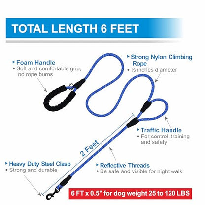 Dog Leash Heavy Duty 6ft, Double Handle Dog Leash with Padded Handle for Traffic Control, Reflective Rope Leashes for Large and Medium Dogs Control Safety Training at Night (Navy Blue) - color: Navy Blue (25 to 120 lbs)
