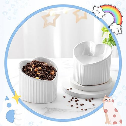Mumufy 2 Pcs Ceramic Elevated Cat Bowls Tilted Elevated Raised Pet Bowls Anti Vomit Cat Dish for Indoor Stress Free Water Dish Feeder for Puppies, Heart Shaped(Pearly White) - color: Pearly White