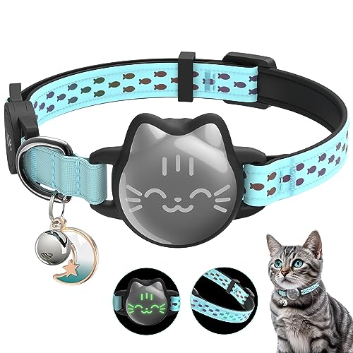 Waterproof Airtag 2nd & 1st Cat Collar, Breakaway Cat Airtag Collar with Luminous & Reflective Pattern Strap, Lightweight Kitten Collars for Apple Air tag, Hidden Holder - Cats, Kittens - color: Mint Green