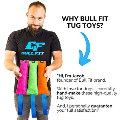 Bull Fit K9 Dog Bite Tug Toy with Strong Handle - Made of Durable & Tear-Resistant French Linen - Perfect for Tug of War, Fetch & Puppy Training - Ideal for Medium to Large Breeds - color: Pink Bite Tug with Blue Handle