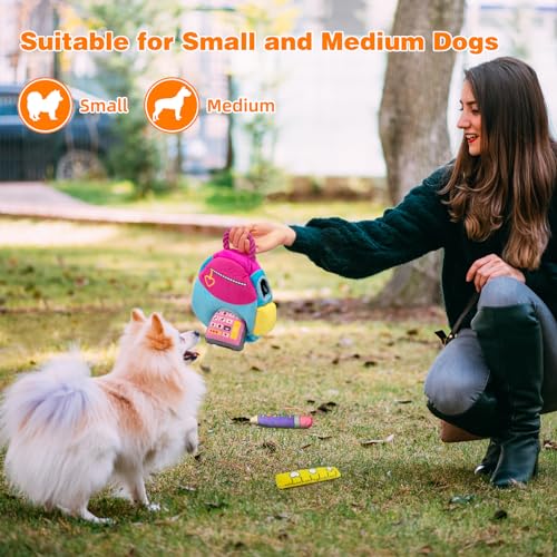 Hide and Seek Dog Toys, Squeaky Interactive Puzzle Dog Toys for Boredom and Stimulation, Dog Enrichment Toys with Rope for Small and Medium Dogs - style: I-Schoolbag