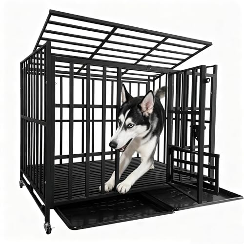 48Inch Heavy Duty Indestructible Dog Crate for Large Dogs,Escape-Proof Steel Kennel for Large Dogs,3Door Design with Lockable Wheels,Extra Large XXL Dog Cage with Removable Tray (48) - size: 48