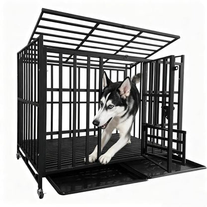 48Inch Heavy Duty Indestructible Dog Crate for Large Dogs,Escape-Proof Steel Kennel for Large Dogs,3Door Design with Lockable Wheels,Extra Large XXL Dog Cage with Removable Tray (48) - size: 48