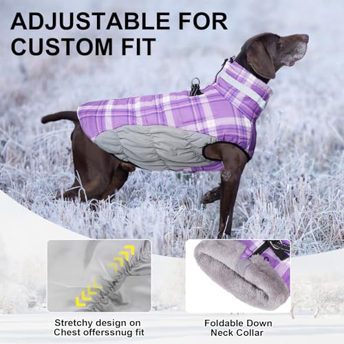 BEAUTYZOO Dog Winter Coat with Harness Built in, Reflective Plaid Puffer Vest Waterproof for Large Dogs, Fleece Warm Puppy Zipped Jacket with D Ring, Pet Cold Weather Sweater Clothes, Purple L - color: Purple, size: Large