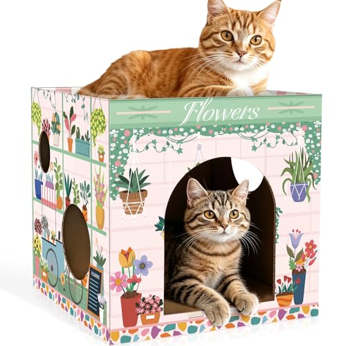 Cinrobiye Cardboard Cat House with 2 Pcs Scratching Pad，Pet Hideaway Cave Board Bed Playhouse Condo Box Decor Small Animals Scratcher Bed for Indoor Cats Kittens Rabbits Bunny - color: Light green