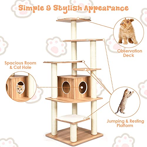 Tangkula Tall Cat Tree, 69-Inch Modern Cat Tower with Sisal Rope Scratching Posts, Wood Cat Tree with Multi-Layer Platform, Cat Condo Furniture with Washable Cushions for Indoor Cats Large Adult - color: Natural