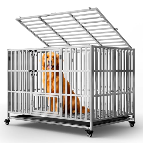 Holiwei 42" Heavy Duty Dog Crate, Escape Proof Stainless Steel Dog Kennel with Top Opening, 4 Lockable Wheels, Easy Clean Metal Dog Cage for Large/High Anxiety Dogs - size: 42.5"L x 27.6"W x 31.5"H