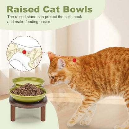 SPUNKYJUNKY Shallow Elevated Cat Bowl with Acacia Wood Stand Wide Raised Ceramic Cat Dishes Whisker Friendly Pet Food and Water Plates (Striped Pattern, Green) - color: Green