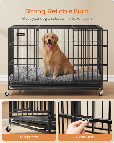 Feandrea Heavy-Duty Dog Crate, 5-Minute Quick Assembly, Foldable Dog Kennel Cage with Lockable Wheels, Double Doors, Escape Proof Fixed Bottom, Removable Tray, Easy to Clean, Ink Black, 48 Inch - size: 48.0"L x 29.5"W x 34.6"H