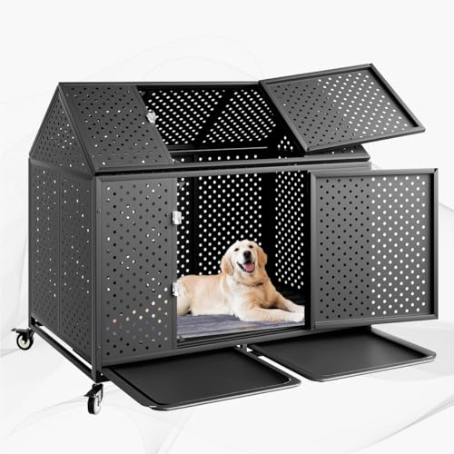 42" Heavy Duty Dog Crate Large Dog cage Strong Metal Dog Kennels and Crates for Large Dogs Top Open with 2 Doors 4 Lockable Wheels 2 Removable Trays - size: 42 inch - Metal Plate
