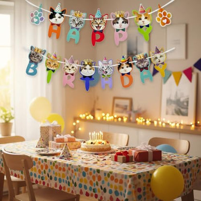 Cat Birthday Cake Topper & Paper Garland Banner Set – 12 Pc Kitten Cupcake Picks + 10ft Pennant, Reusable Indoor/Outdoor Party Decor for Cats & Kids (Banner Set) - size: Cat Birthday Banner Set