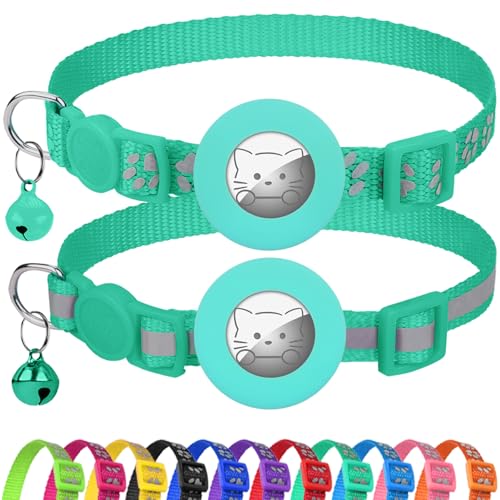 Joytale AirTag Cat Collar 2 Pack with Breakaway Safety Buckle, Reflective Cats Collar with AirTag Holder, Adjustable 7.5-12.5 Inch, Anti-Fraying Lightweight for Girl Boy Kitten, Teal - color: Teal
