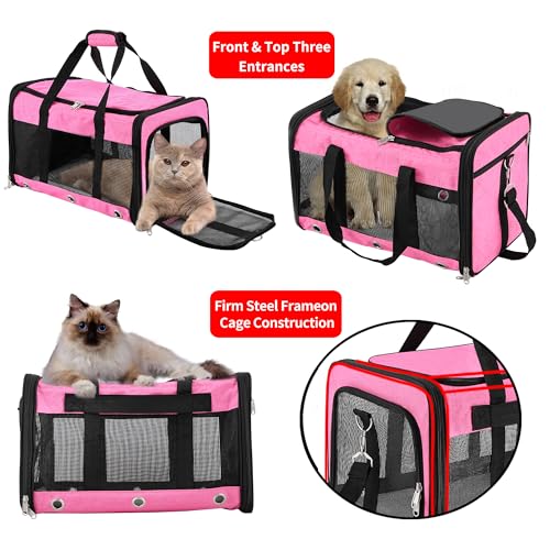 Soft Sided Cat/Dog Carrier,Collapsible Pets Travel Carriers for Pet/Puppy with Shoulder Strap & Removable Mat,Mesh Top Load Small Dogs/Cats Carry Bag Up to 25 Lbs（Pink,L） - size: L Pink