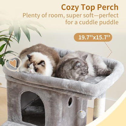Heybly Cat Tree, 25.6-inch Cat Tower with Spacious Top Perch for Large Cats, Stair-Style Cat House Furniture with Dual-Layer Condos, Sisal Scratching Posts, Cozy Basket & Pompom, Light Gray HCT204SW - color: Light Gray, size: 25.6 inch