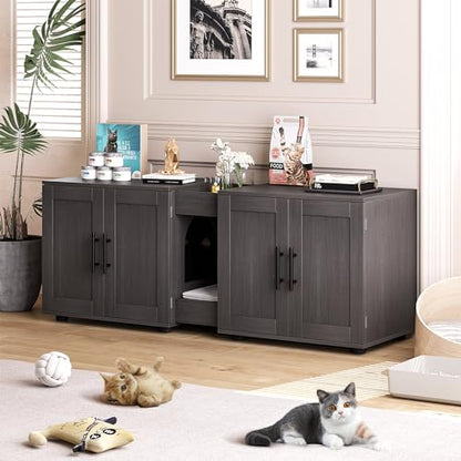 Garvee Cat Litter Box Enclosure for 2 Cats, 55" Hiddden Litter Box Enclosure Furniture 3-in-1 Wooden Litter Cabinet with Barn Door & Double Rooms for Bedroom Living Room,Walnut - color: Walnut