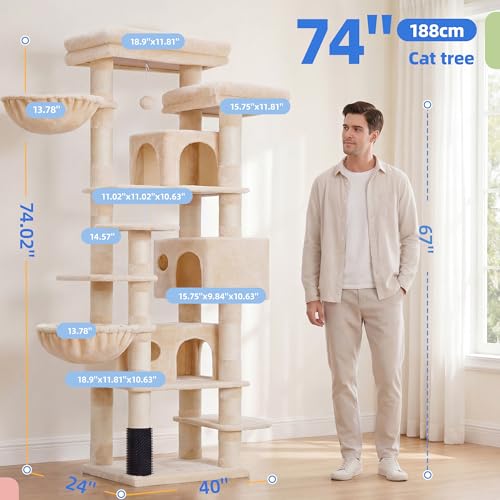 Hey-brother Cat Tree, 74 inches Multi-Level XL Large Cat Tower for Indoor Cats with Three Cat Condos, Two Large Top Decks and Cat Hairbrushfor Kittens, Cats and Pets, Beige MPJ035-MM - color: Beige