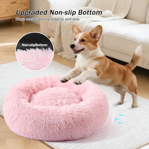 Calming Donut Dog Bed for Small to Medium Dogs & Cats - Plush Faux Fur Anti-Anxiety Pet Bed with Machine Washable Cover & Non-Slip Base - color: Light Pink, size: X-Small 15.7''
