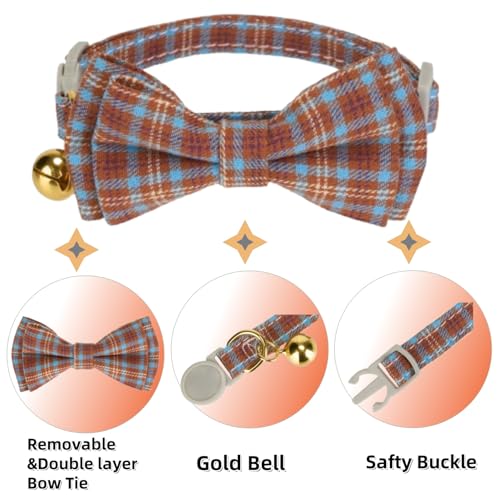 2 Pack Cotton Cat Collar, Removable Bowtie, Plaid Pattern, Safety Breakaway Clasp, Adjustable for Cats.(Adult Cat, Beige and Red) - color: Beige+Red