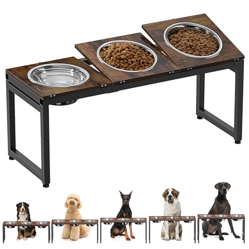 Elevated Dog Bowls Stand for Large Dogs - 3 Bowl Dog Feeder with Adjustable Height & Tilt, Stainless Steel Bowls & Wood Tray for Large Breeds, Triple Bowl Feeding Station, 3500ML*3 Capacity
