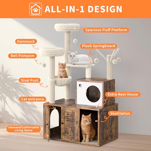 Cat Litter Box Enclosure with Tree Tower and Condo, Hidden Pet Washroom Furniture with Sisal Scratching Post,Hammocks and Soft Plush Perch, Wooden Cat Furniture with Multiple Platforms,Rustic Brown - color: Rustic Brown