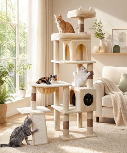 68 Inches Heavy Duty Cat Tree for Indoor Cat, Big Cat Tower with Sisal Scratching Posts and Top Perch, Large Platform for Adult Cats, PMT02BW, Beige - color: Beige