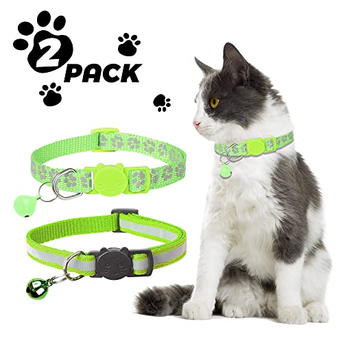 2 Pack Reflective Cat Collar Breakaway with Bell,Personalized Kitten Collars,Adjustable Safety Buckle Collar for Male Cats Girls & Boys (Light Green) - color: Light Green